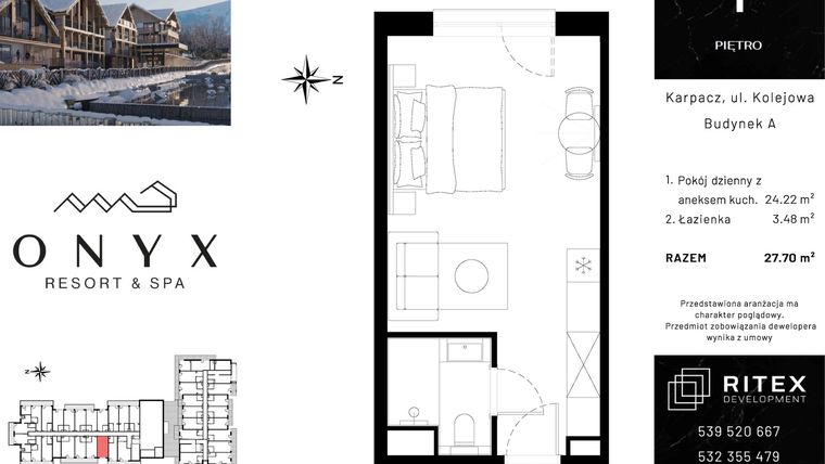 Rzut - Mieszkanie na sprzedaż 1 pokój o powierzchni 27,7 m² - numer 01.A3 w Onyx Resort & Spa
