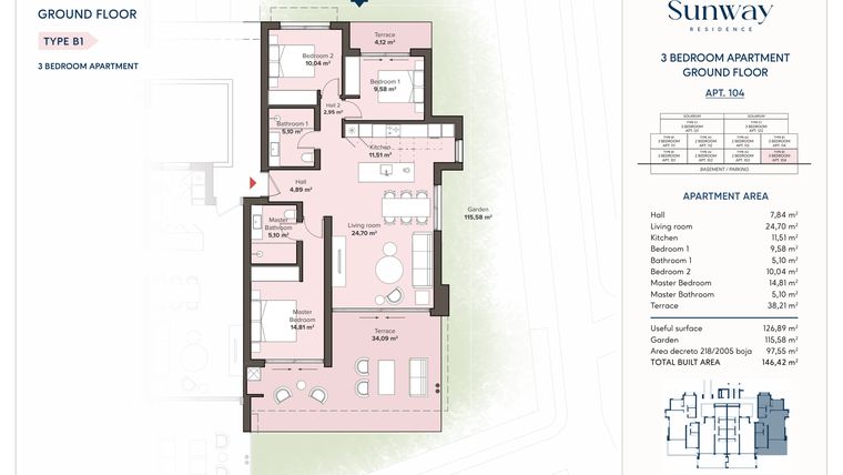 Rzut - Mieszkanie na sprzedaż 3 pokoje o powierzchni 126,89 m² - numer 104 w Sunway