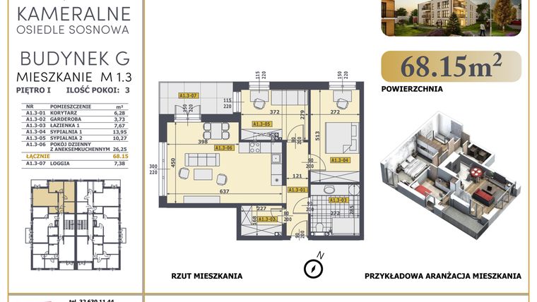 Rzut - Mieszkanie na sprzedaż 3 pokoje o powierzchni 67,71 m² - numer M1.3 w Osiedle Sosnowa G