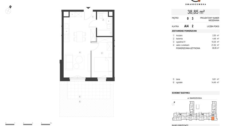 Rzut - Mieszkanie na sprzedaż 2 pokoje o powierzchni 38,85 m² - numer A/4/0.3 w Smardzewska 8