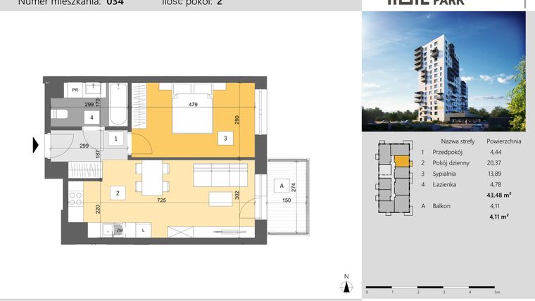 Rzut - Mieszkanie na sprzedaż 2 pokoje o powierzchni 43,48 m² - numer 34 w Dworzysko Park - Etap III