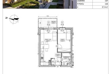 Rzut - Mieszkanie na sprzedaż 2 pokoje o powierzchni 37,14 m² - numer M.B7.03.22 w Osiedle Harmonia bud. B7