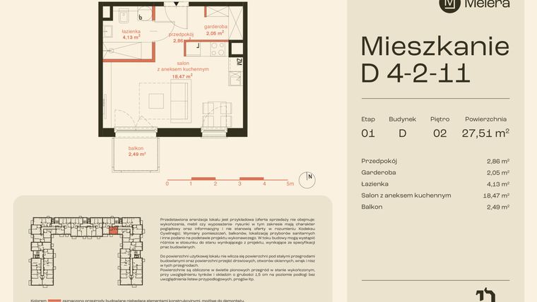 Rzut - Mieszkanie na sprzedaż 1 pokój o powierzchni 27,51 m² - numer D4-2-11 w Osiedle Meiera
