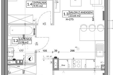 Rzut - Mieszkanie na sprzedaż 3 pokoje o powierzchni 56,89 m² - numer 88B w Osiedle Młodych etap VI