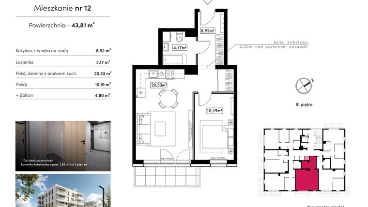 Rzut - Mieszkanie na sprzedaż 2 pokoje o powierzchni 43,81 m² - numer B17.M12 w Novum Rumia - bud. 17