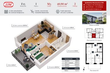Rzut - Mieszkanie na sprzedaż 2 pokoje o powierzchni 40,9 m² - numer 3 w Tęczowy Zakątek F-15