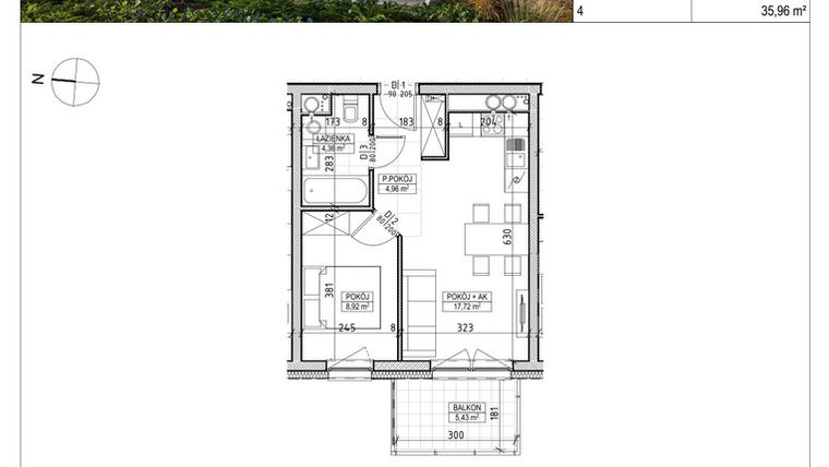 Rzut - Mieszkanie na sprzedaż 2 pokoje o powierzchni 35,96 m² - numer A3.02.32 w AURA