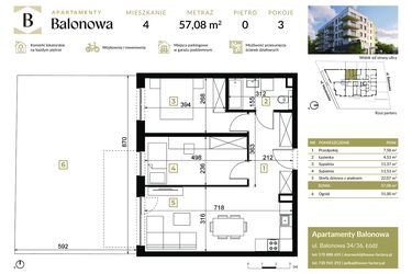 Rzut - Mieszkanie na sprzedaż 3 pokoje o powierzchni 57,08 m² - numer 4 w Apartamenty Balonowa