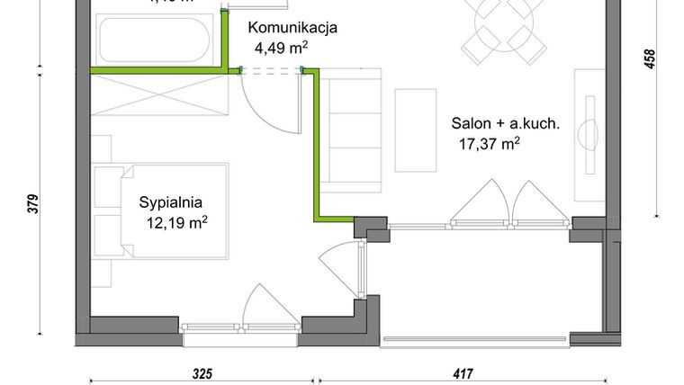 Rzut - Mieszkanie na sprzedaż 2 pokoje o powierzchni 38,45 m² - numer E2/F/03 w Orawska Vita