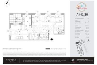 Rzut - Mieszkanie na sprzedaż 4 pokoje o powierzchni 79,43 m² - numer A.M1.20 w Livin' Praga