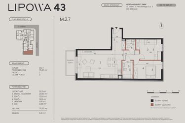 Rzut - Mieszkanie na sprzedaż 3 pokoje o powierzchni 75,07 m² - numer M.2.7 w Lipowa 43