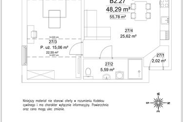 Rzut - Mieszkanie na sprzedaż 3 pokoje o powierzchni 48,29 m² - numer B2.27 w Osiedle Versus