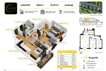 Rzut - Mieszkanie na sprzedaż 3 pokoje o powierzchni 70,39 m² - numer 1M07 w Złota Jabłonna