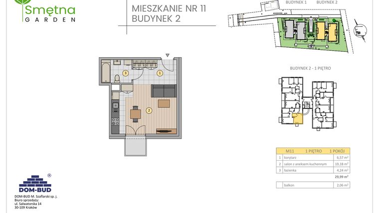 Rzut - Mieszkanie na sprzedaż 1 pokój o powierzchni 29,99 m² - numer 11 w Smętna Garden