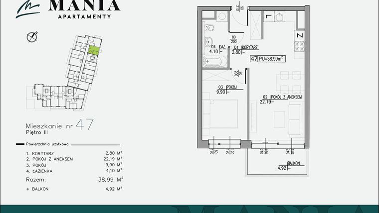 Rzut - Mieszkanie na sprzedaż 2 pokoje o powierzchni 38,99 m² - numer 47 w MANIA Apartamenty