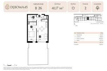 Rzut - Mieszkanie na sprzedaż 2 pokoje o powierzchni 41,17 m² - numer B.26 w Dębowa 45