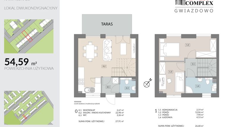 Rzut - Mieszkanie na sprzedaż 3 pokoje o powierzchni 54,59 m² - numer O7.1 w Osiedle Gwiazdowo etap 9