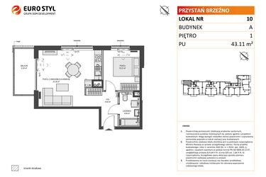 Rzut - Mieszkanie na sprzedaż 2 pokoje o powierzchni 42,95 m² - numer A10 w Przystań Brzeźno