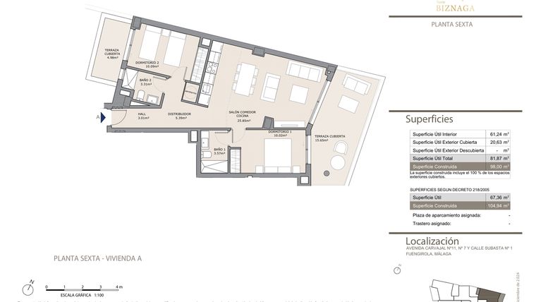 Rzut - Mieszkanie na sprzedaż 2 pokoje o powierzchni 98 m² - numer 6A w Torre Biznaga