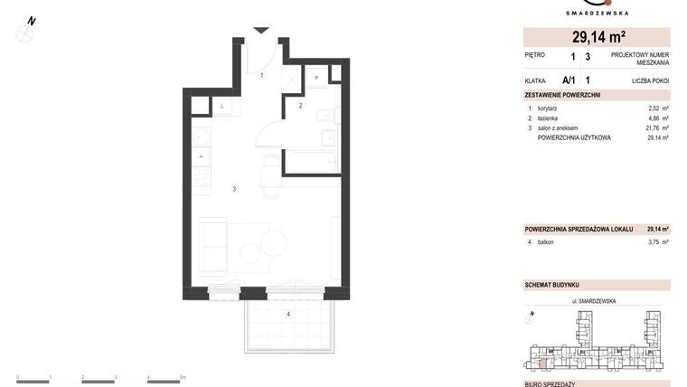 Rzut - Mieszkanie na sprzedaż 1 pokój o powierzchni 29,14 m² - numer A/1/1.3 w Smardzewska 8