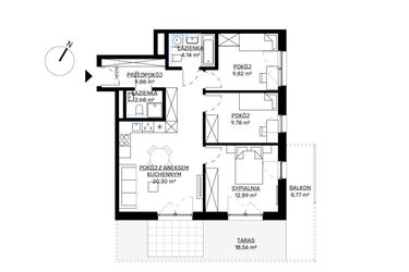 Rzut - Mieszkanie na sprzedaż 4 pokoje o powierzchni 69,49 m² - numer M56 w KWADRAT etap 2