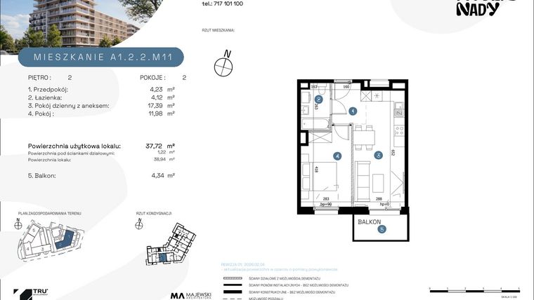 Rzut - Mieszkanie na sprzedaż 2 pokoje o powierzchni 37,72 m² - numer A1.2.2.M11 w Nowe Promenady