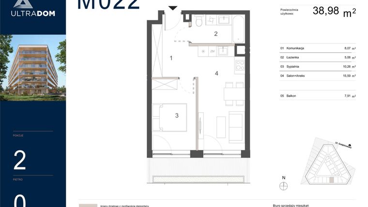 Rzut - Mieszkanie na sprzedaż 2 pokoje o powierzchni 38,98 m² - numer M022 w Ultradom