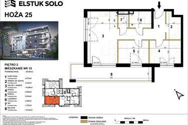Rzut - Mieszkanie na sprzedaż 3 pokoje o powierzchni 55,46 m² - numer 15 w Hoża 25