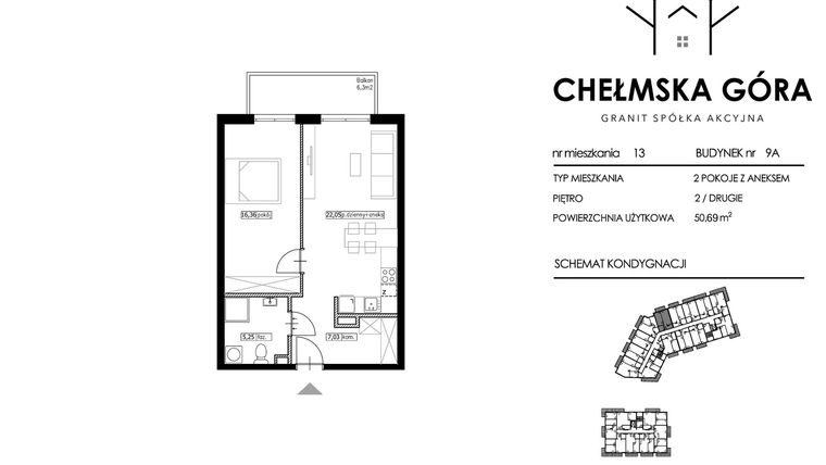 Rzut - Mieszkanie na sprzedaż 2 pokoje o powierzchni 50,69 m² - numer C-9A-M13 w Chełmska Góra
