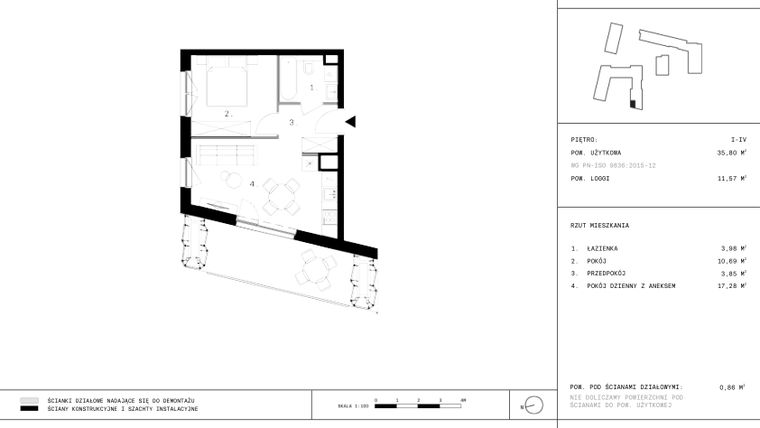 Rzut - Mieszkanie na sprzedaż 2 pokoje o powierzchni 35,63 m² - numer 110 w 28 czerwca 1956 r.