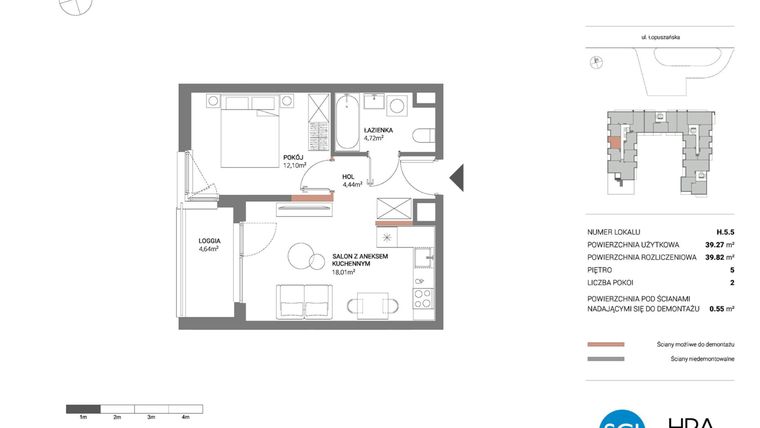 Rzut - Mieszkanie na sprzedaż 2 pokoje o powierzchni 39,82 m² - numer H.5.5 w Łopuszańska 47 - etap 3