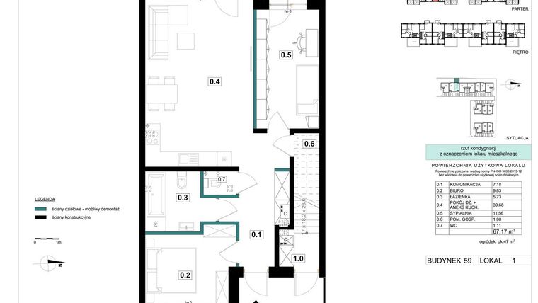 Rzut - Mieszkanie na sprzedaż 3 pokoje o powierzchni 67,17 m² - numer 59-1 w Błonie Bosco