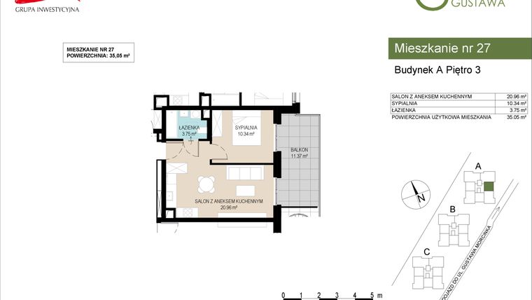 Rzut - Mieszkanie na sprzedaż 2 pokoje o powierzchni 35,05 m² - numer A27 w Wzgórze Gustawa