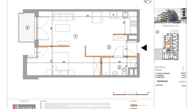 Rzut - Mieszkanie na sprzedaż 1 pokój o powierzchni 46,59 m² - numer A5/2 w 5th Avenue Apartments