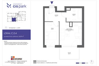 Rzut - Mieszkanie na sprzedaż 2 pokoje o powierzchni 36,89 m² - numer C.0.4 w CIS Park
