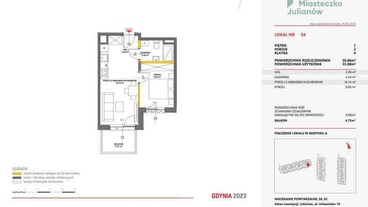 Rzut - Mieszkanie na sprzedaż 2 pokoje o powierzchni 36,86 m² - numer 54 w Miasteczko Julianów