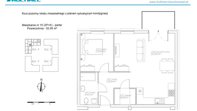 Rzut - Mieszkanie na sprzedaż 2 pokoje o powierzchni 52,95 m² - numer 10A w Dominów Rynek