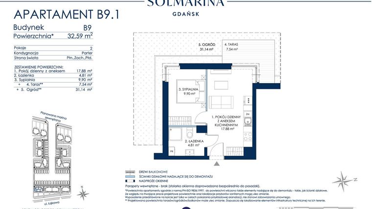 Rzut - Mieszkanie na sprzedaż 2 pokoje o powierzchni 32,59 m² - numer B9.1 w Sol Marina B