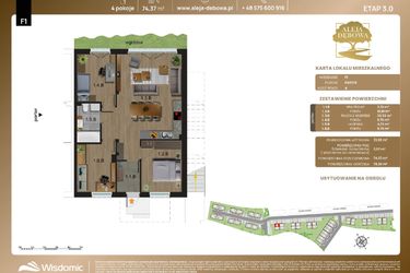 Rzut - Mieszkanie na sprzedaż 4 pokoje o powierzchni 74,36 m² - numer F1 w Aleja Dębowa III - mieszkania