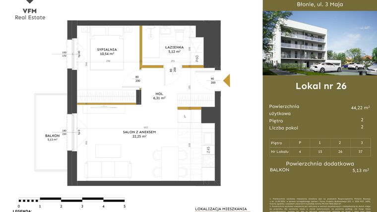Rzut - Mieszkanie na sprzedaż 2 pokoje o powierzchni 44,22 m² - numer 26 w Apartamenty 3 Maja