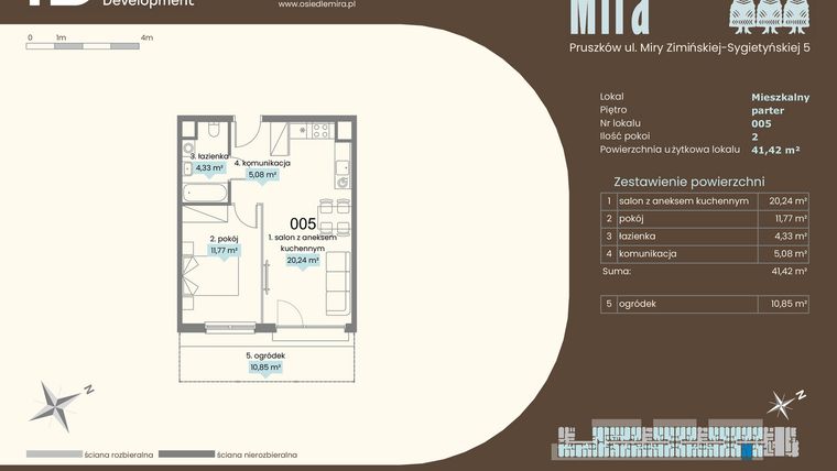 Rzut - Mieszkanie na sprzedaż 2 pokoje o powierzchni 41,42 m² - numer A.005 w Mira