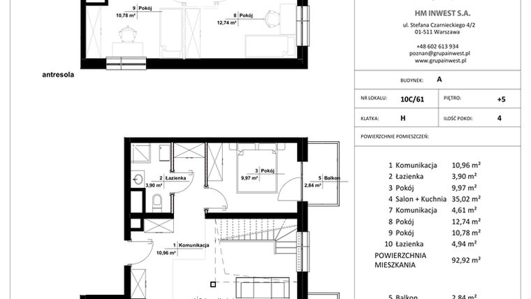 Rzut - Mieszkanie na sprzedaż 4 pokoje o powierzchni 92,92 m² - numer 10C/61 w Jasielska 8C etap II