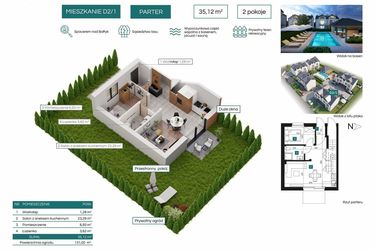 Rzut - Mieszkanie na sprzedaż 2 pokoje o powierzchni 35,12 m² - numer D2/1 w Bałtycka Oaza