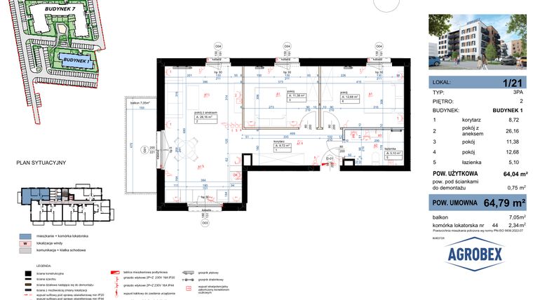 Rzut - Mieszkanie na sprzedaż 3 pokoje o powierzchni 64,79 m² - numer 1/21 w Nove Garby