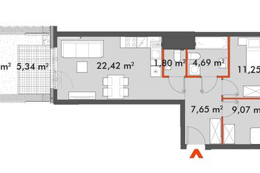 Rzut - Mieszkanie na sprzedaż 3 pokoje o powierzchni 56,88 m² - numer F1.A.00.04 w Splot Wola