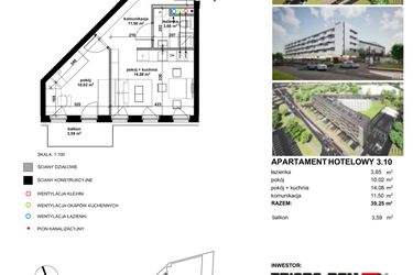 Rzut - Mieszkanie na sprzedaż 2 pokoje o powierzchni 39,44 m² - numer 3.10 w Apartamentowiec Zwycięska 3 - inwestycyjne