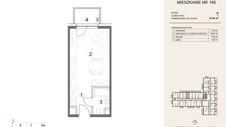 Rzut - Mieszkanie na sprzedaż 1 pokój o powierzchni 27,83 m² - numer 165 w Waterlane Vibe