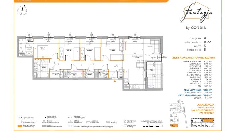 Rzut - Mieszkanie na sprzedaż 5 pokoi o powierzchni 118,65 m² - numer A.22 w Fantazja