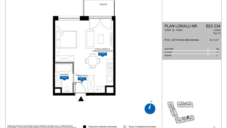 Rzut - Mieszkanie na sprzedaż 1 pokój o powierzchni 34,74 m² - numer B23 234 w Flow - bud. B2 A i bud. B2 B