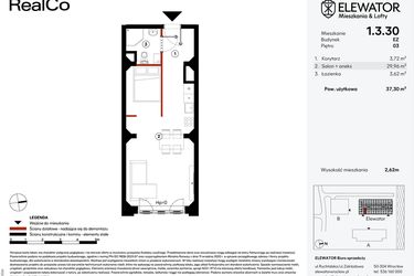 Rzut - Mieszkanie na sprzedaż 1 pokój o powierzchni 37,3 m² - numer EZ.1.3.30 w Elewator - Mieszkania i Lofty